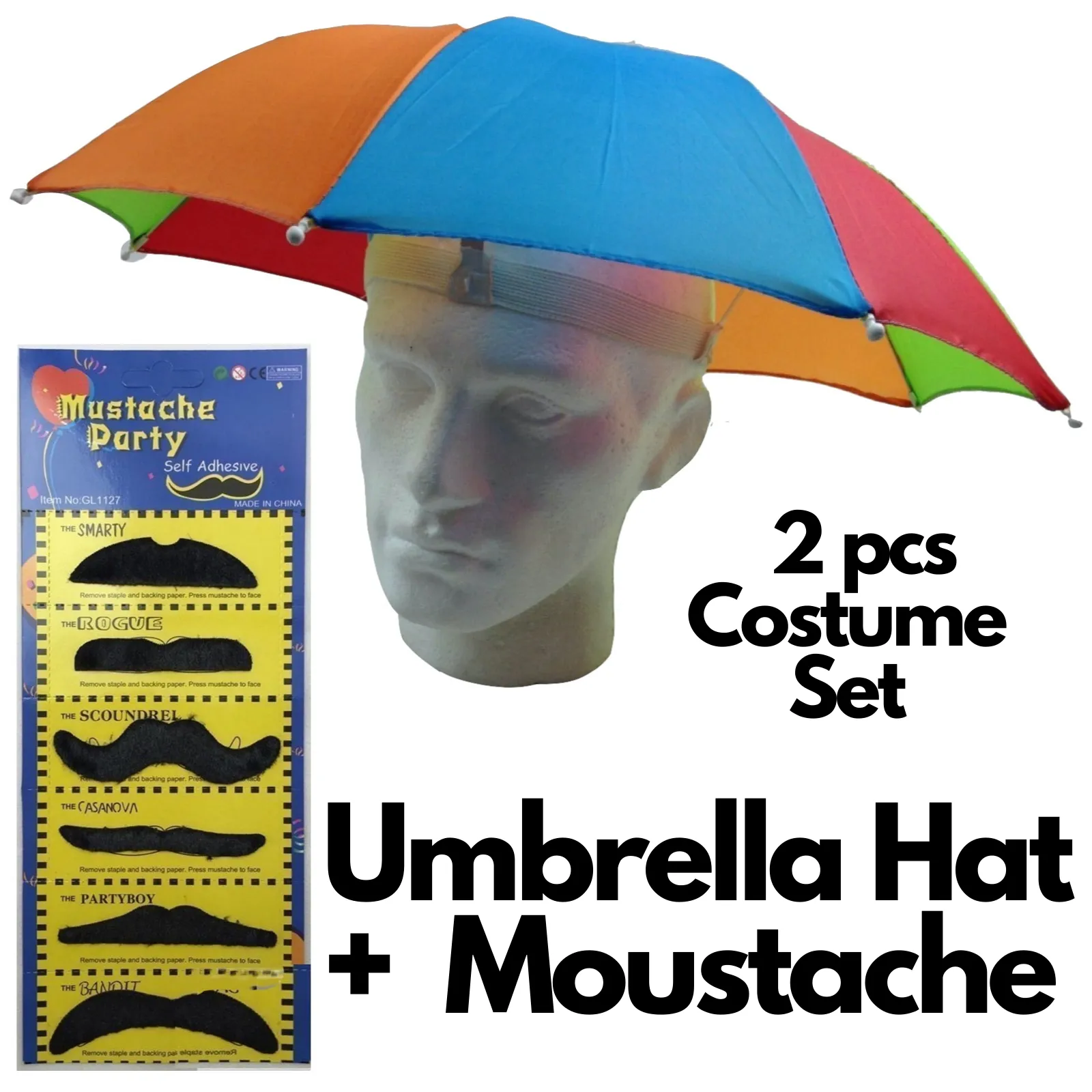 2-pc-Set Rainbow Umbrella Hat   70s Fake Moustache Costume Props Novelty Fancy