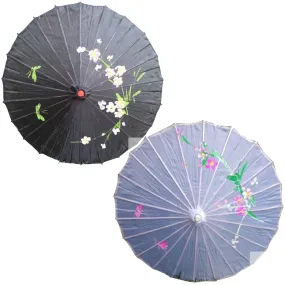 2pc Set Parasol Umbrella Black   White Chinese Japanese Bamboo Flower Pattern
