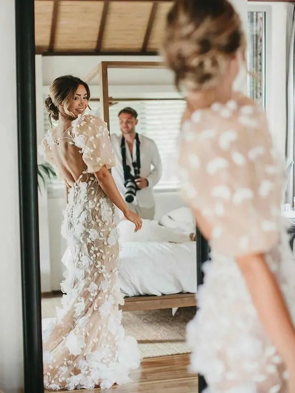 3D Flowers Puff Short Sleeves Stunning Mermaid Wedding Dress with Chapel Train WD1910