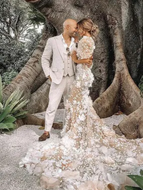 3D Flowers Puff Short Sleeves Stunning Mermaid Wedding Dress with Chapel Train WD1910