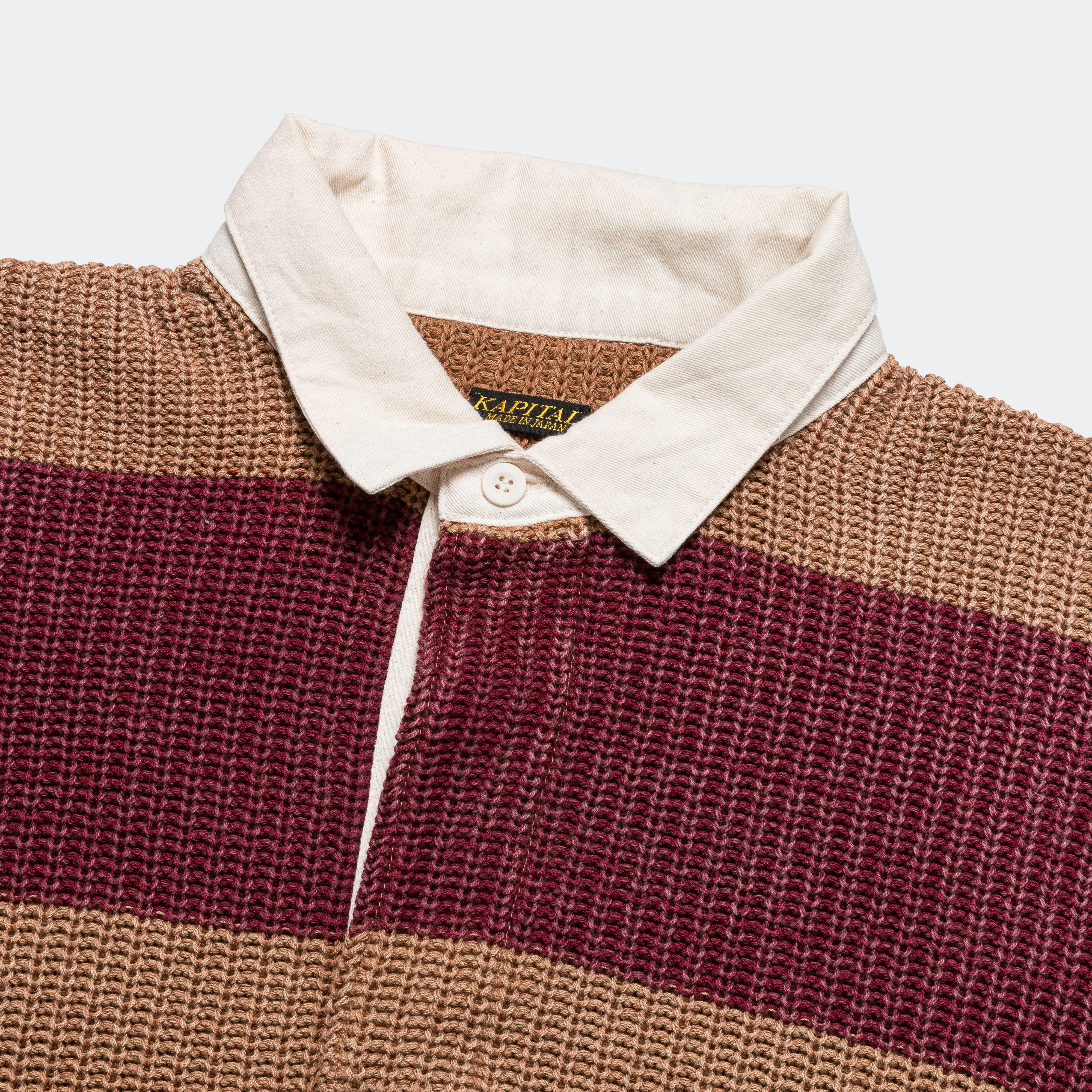 Mens Classic 5G Cotton Knit Rugby Shirt - Brown and Burgundy Stripes