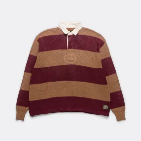 Mens Classic 5G Cotton Knit Rugby Shirt - Brown and Burgundy Stripes