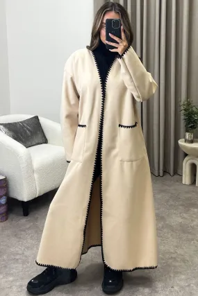 Angie Beige Wool Look Contrasting Trim Longline Cardigan