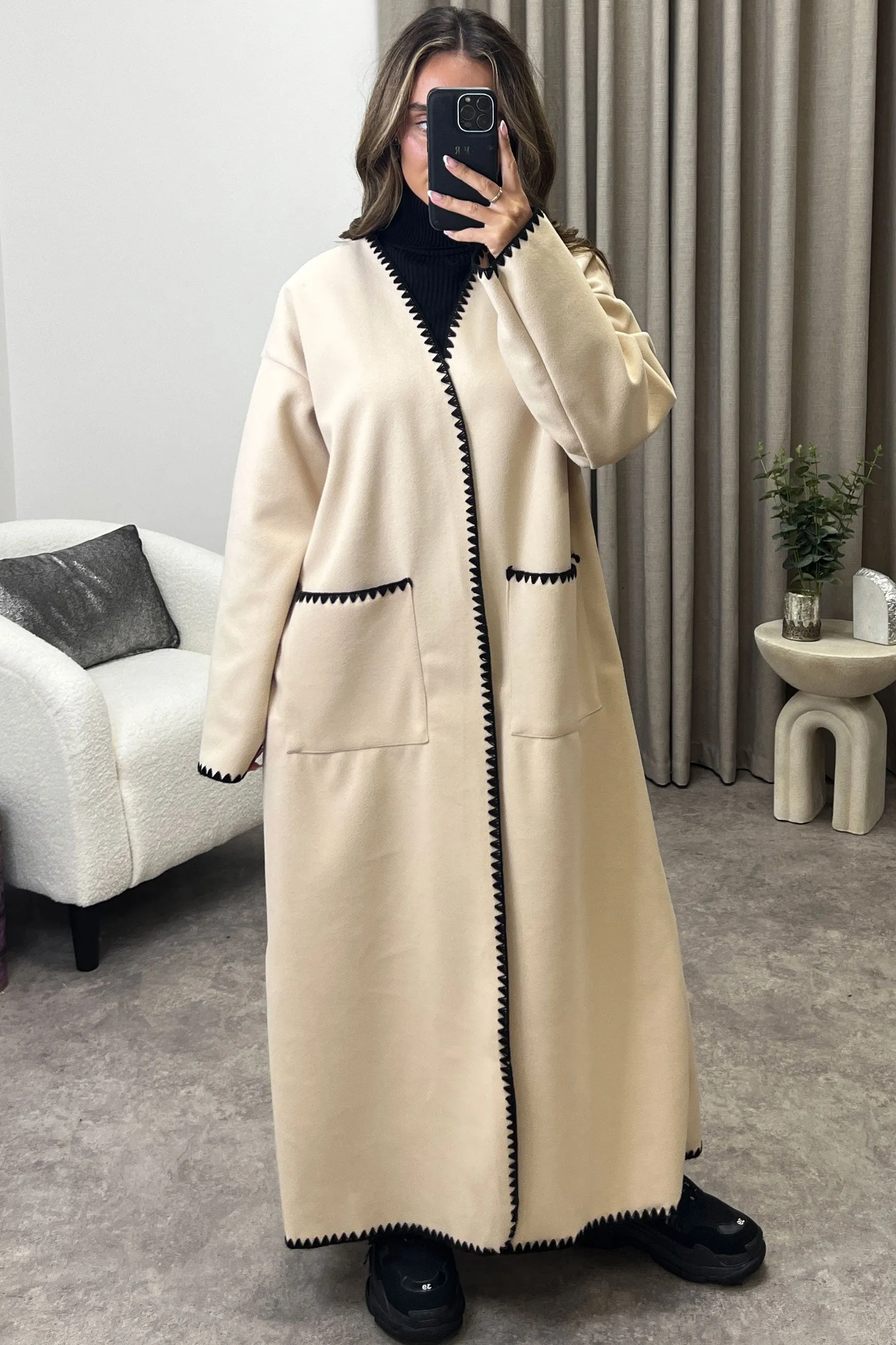 Angie Beige Wool Look Contrasting Trim Longline Cardigan