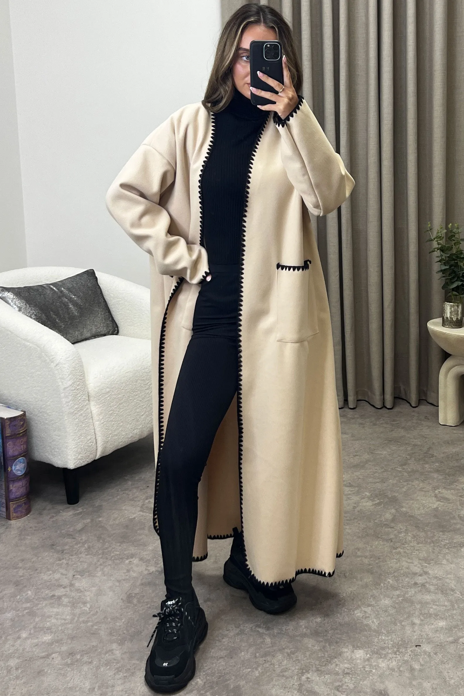 Angie Beige Wool Look Contrasting Trim Longline Cardigan