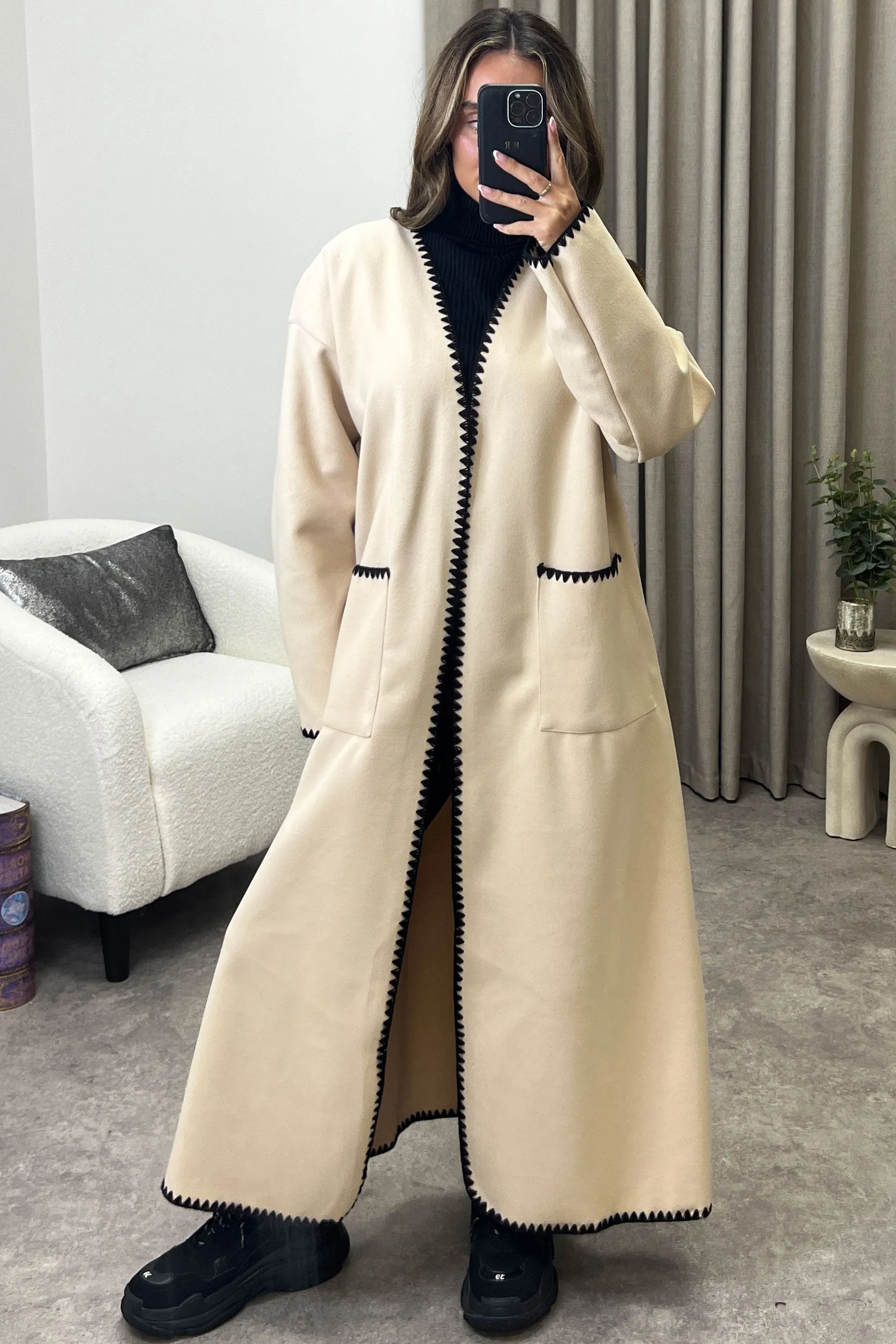 Angie Beige Wool Look Contrasting Trim Longline Cardigan