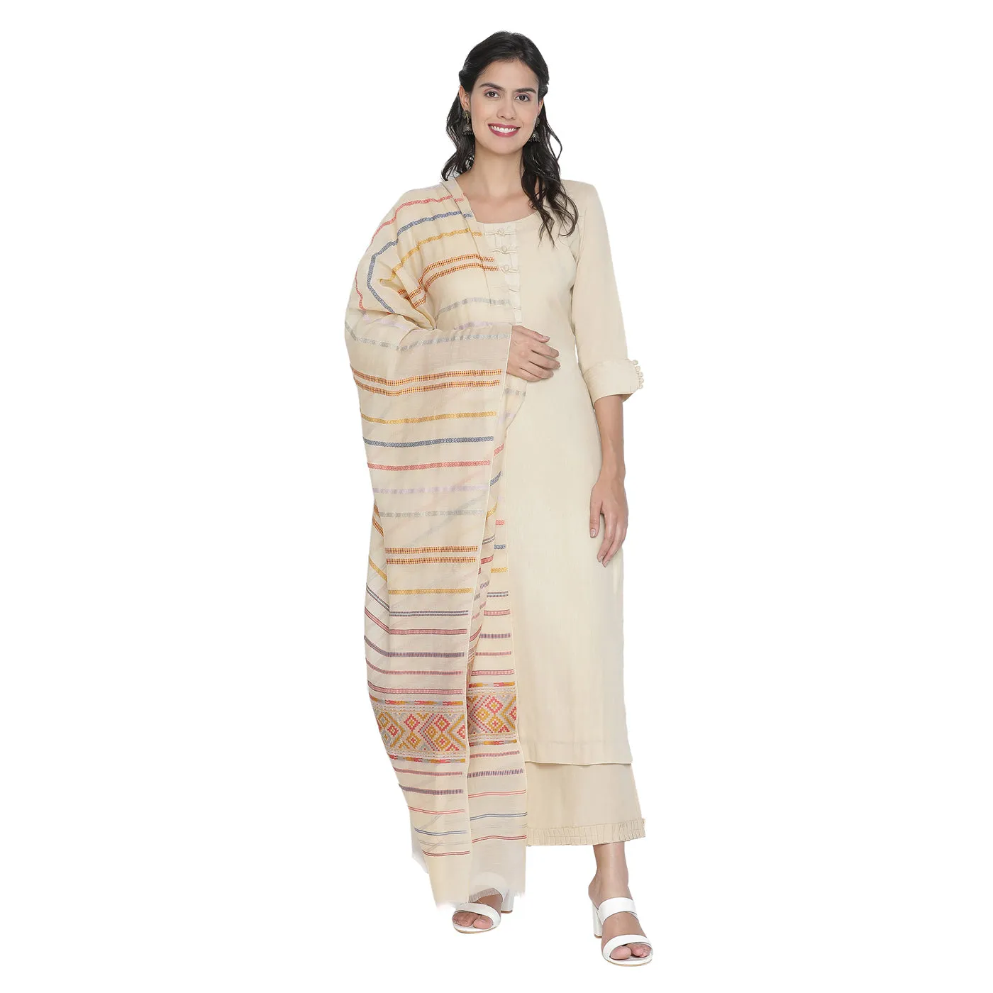 Beige Woven Design Unstitched Suit Co-ords Set