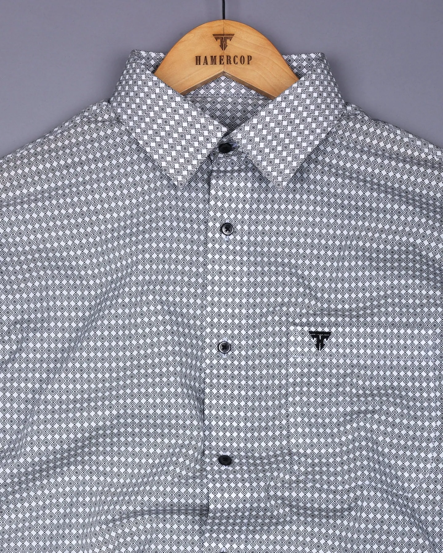 Black With White Square Art Printed Cotton Shirt