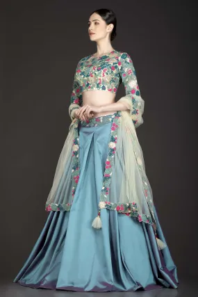 Blue Colour Silk Box Pleat Skirt With Gold Net Top And Dupatta