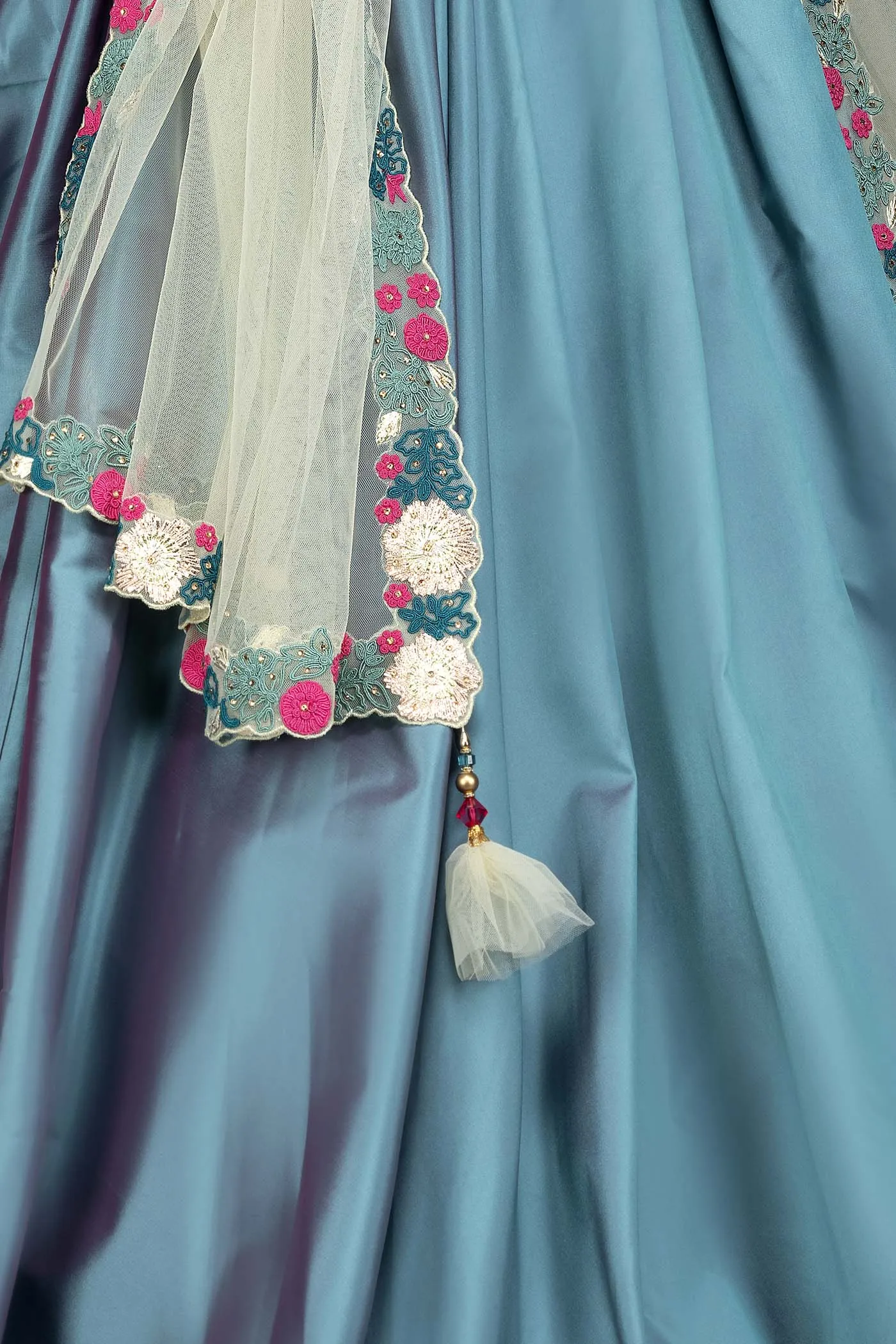 Blue Colour Silk Box Pleat Skirt With Gold Net Top And Dupatta
