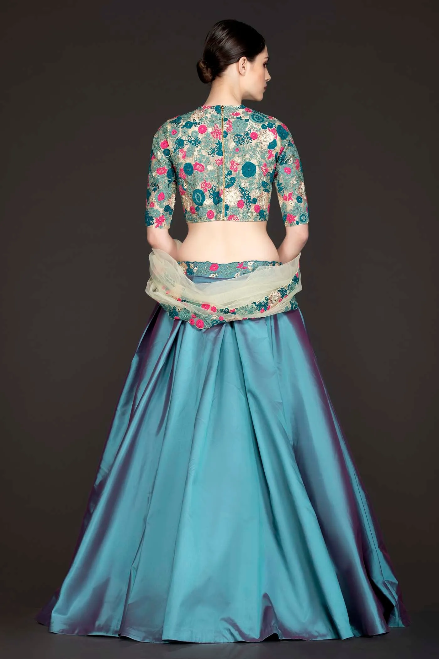 Blue Colour Silk Box Pleat Skirt With Gold Net Top And Dupatta