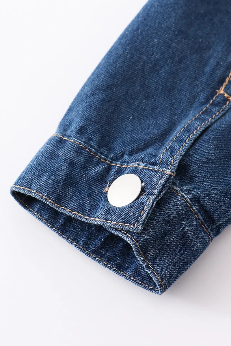Blue ruffle girl distressed denim jacket