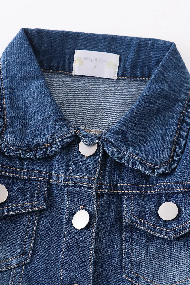 Blue ruffle girl distressed denim jacket