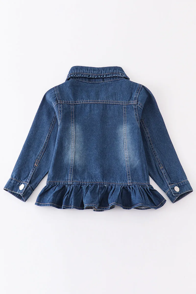 Blue ruffle girl distressed denim jacket