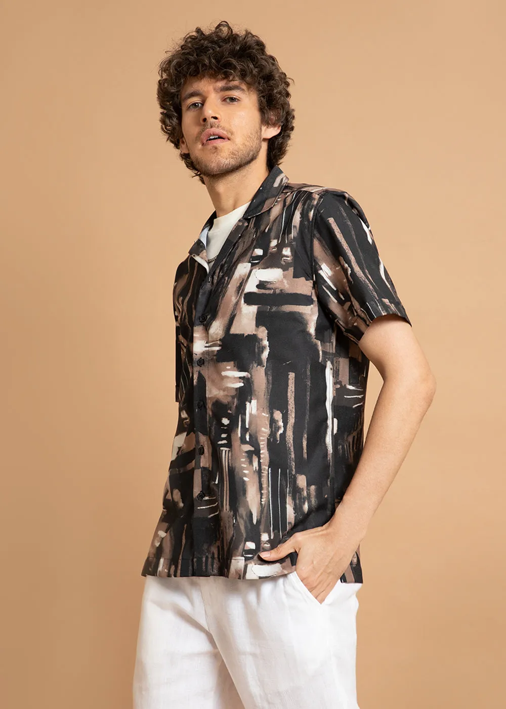 Brown Brush Stroke Half Sleeve Shirt
