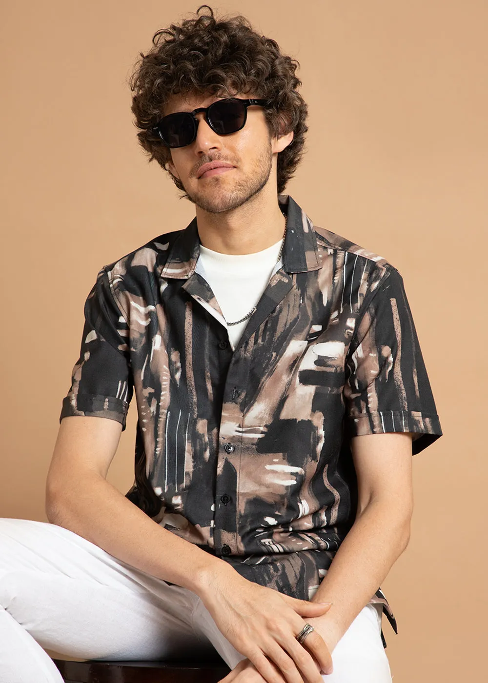 Brown Brush Stroke Half Sleeve Shirt