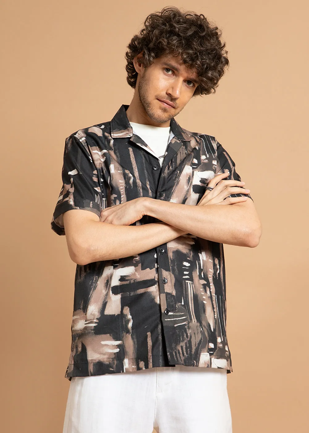 Brown Brush Stroke Half Sleeve Shirt