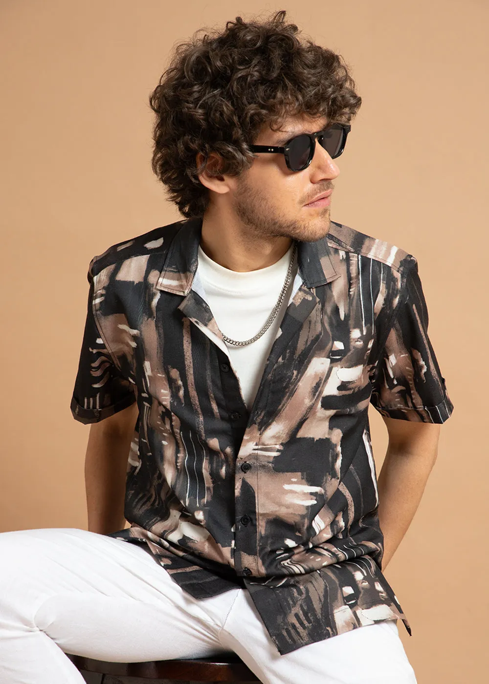 Brown Brush Stroke Half Sleeve Shirt