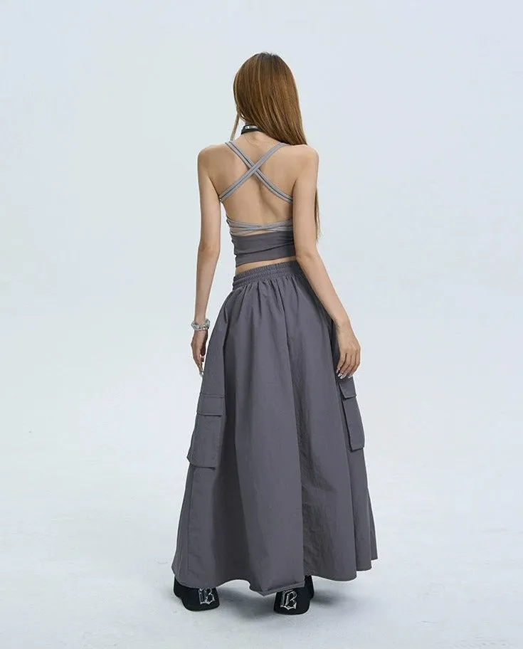 Cargo Drawstring Pocketed Maxi Skirt