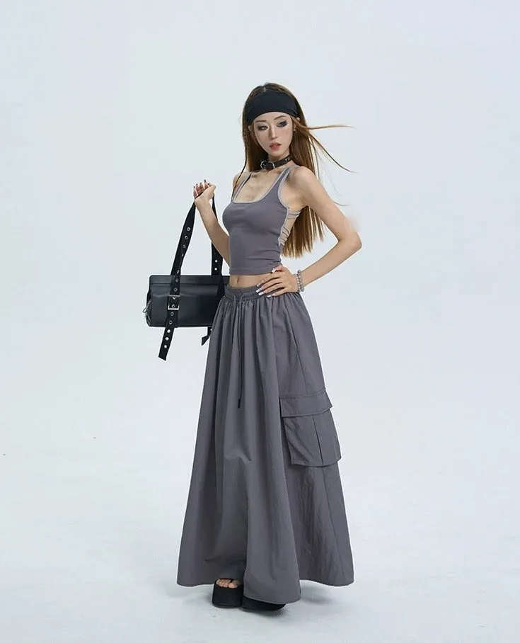 Cargo Drawstring Pocketed Maxi Skirt