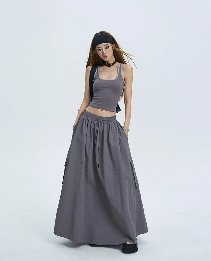 Cargo Drawstring Pocketed Maxi Skirt