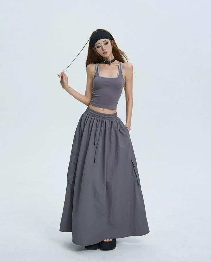 Cargo Drawstring Pocketed Maxi Skirt