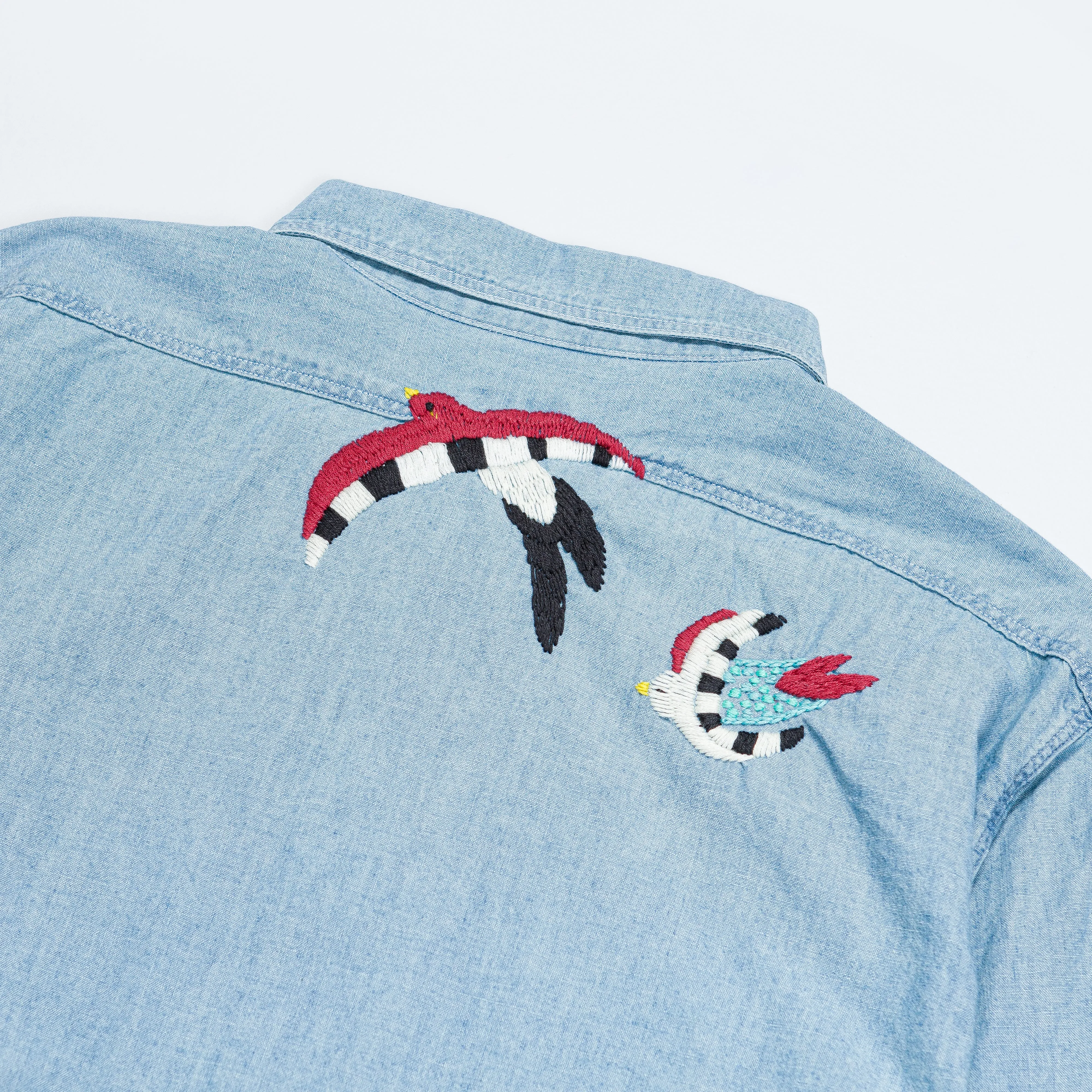 Chambray WORK Shirt (Swallow Embroidery) - Sax