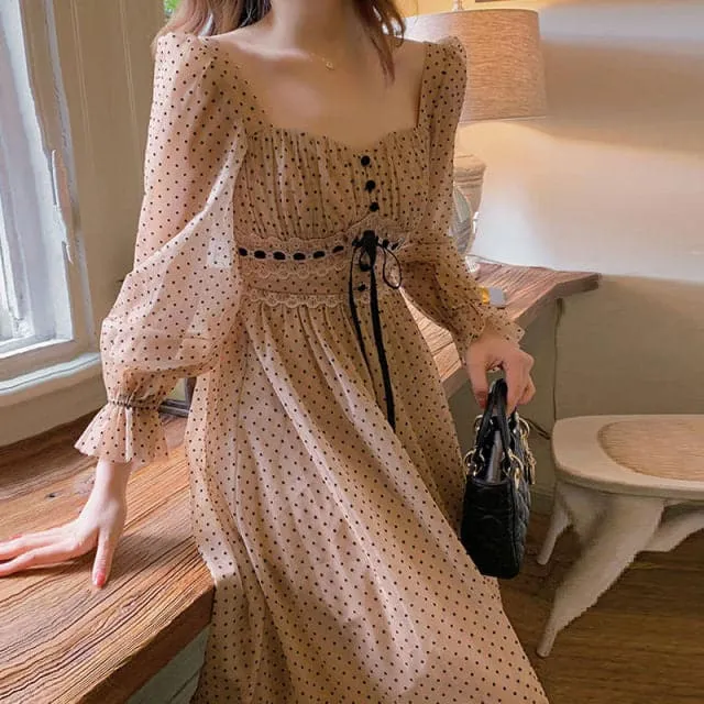 DressBetty - French Vintage Midi Dress Women Puffer Sleeve Square Collor Office Elegant Dress Female Autumn Dot One Piece Dress Korean
