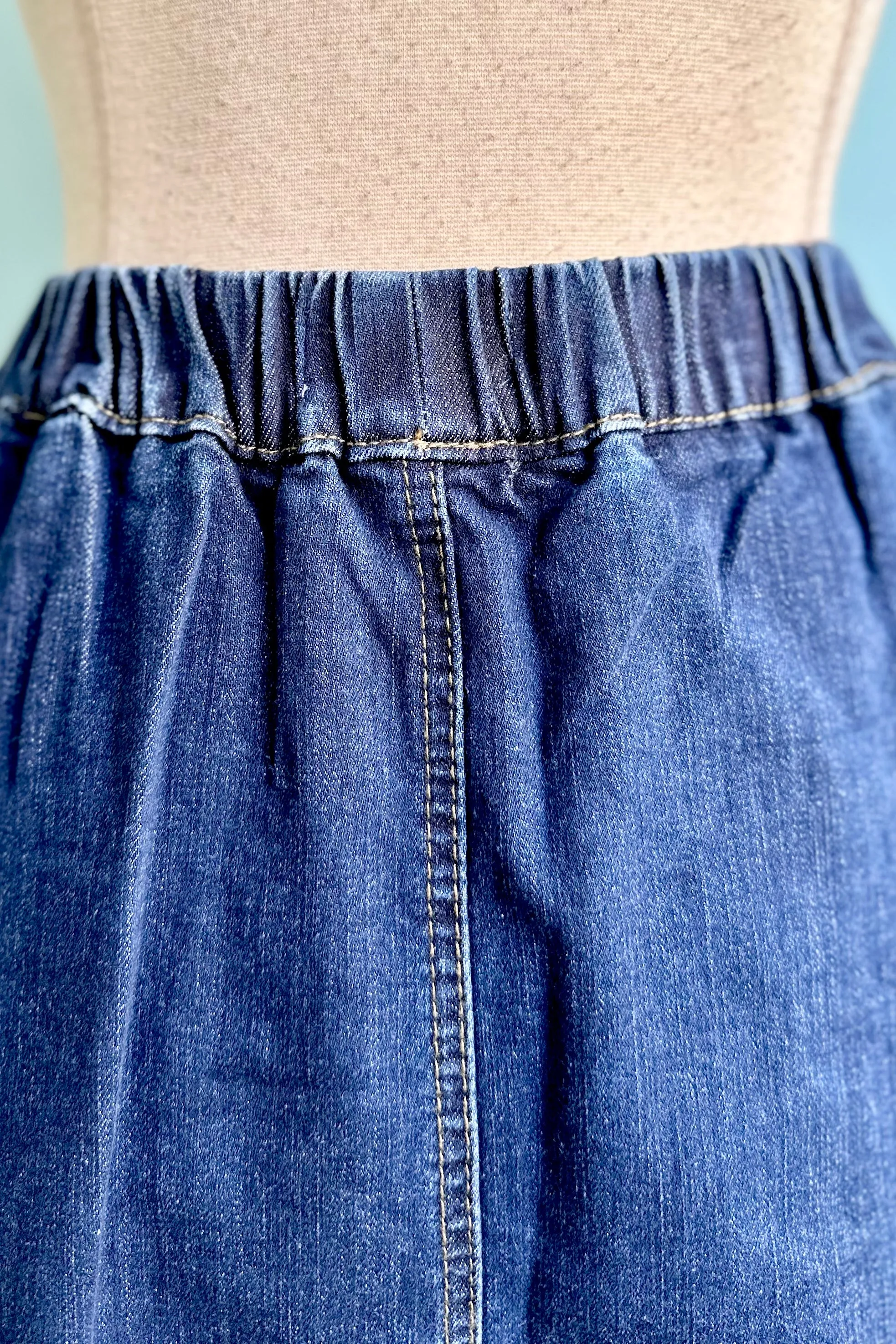 Elastic Waist Denim Midi Skirt by Molly Bracken