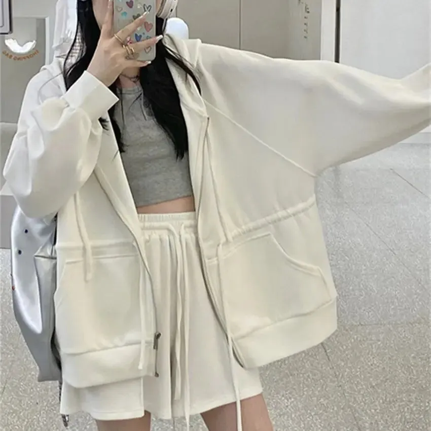 Girlary Casual Sports Women Two Pieces Suits Autumn Hooded Loose Coats Daily Wide Leg Office Lady Shorts Mujer Sets
