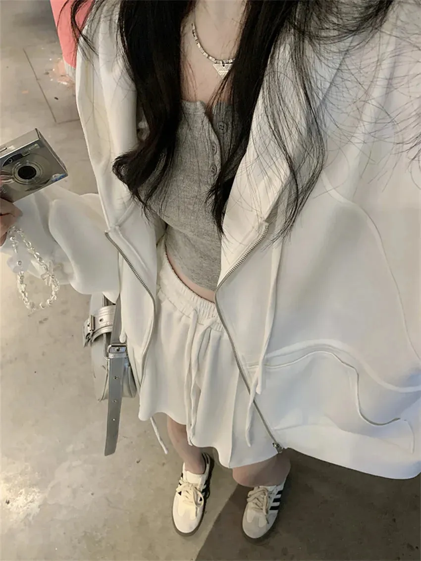 Girlary Casual Sports Women Two Pieces Suits Autumn Hooded Loose Coats Daily Wide Leg Office Lady Shorts Mujer Sets