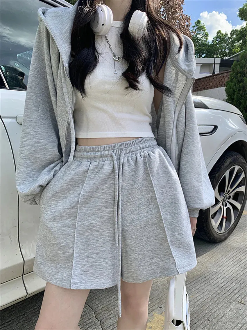 Girlary Casual Sports Women Two Pieces Suits Autumn Hooded Loose Coats Daily Wide Leg Office Lady Shorts Mujer Sets