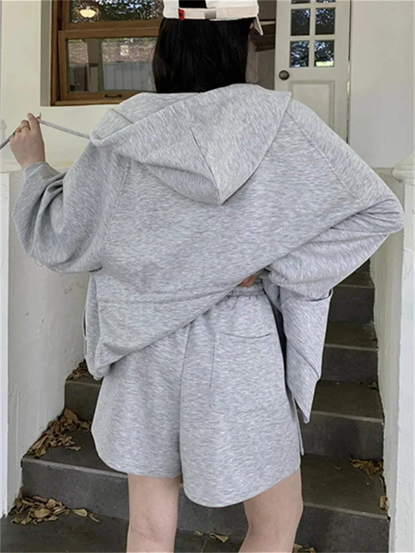 Girlary Casual Sports Women Two Pieces Suits Autumn Hooded Loose Coats Daily Wide Leg Office Lady Shorts Mujer Sets