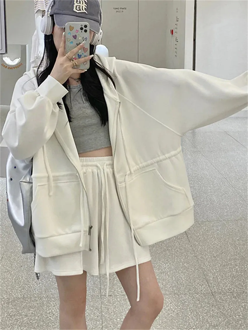 Girlary Casual Sports Women Two Pieces Suits Autumn Hooded Loose Coats Daily Wide Leg Office Lady Shorts Mujer Sets
