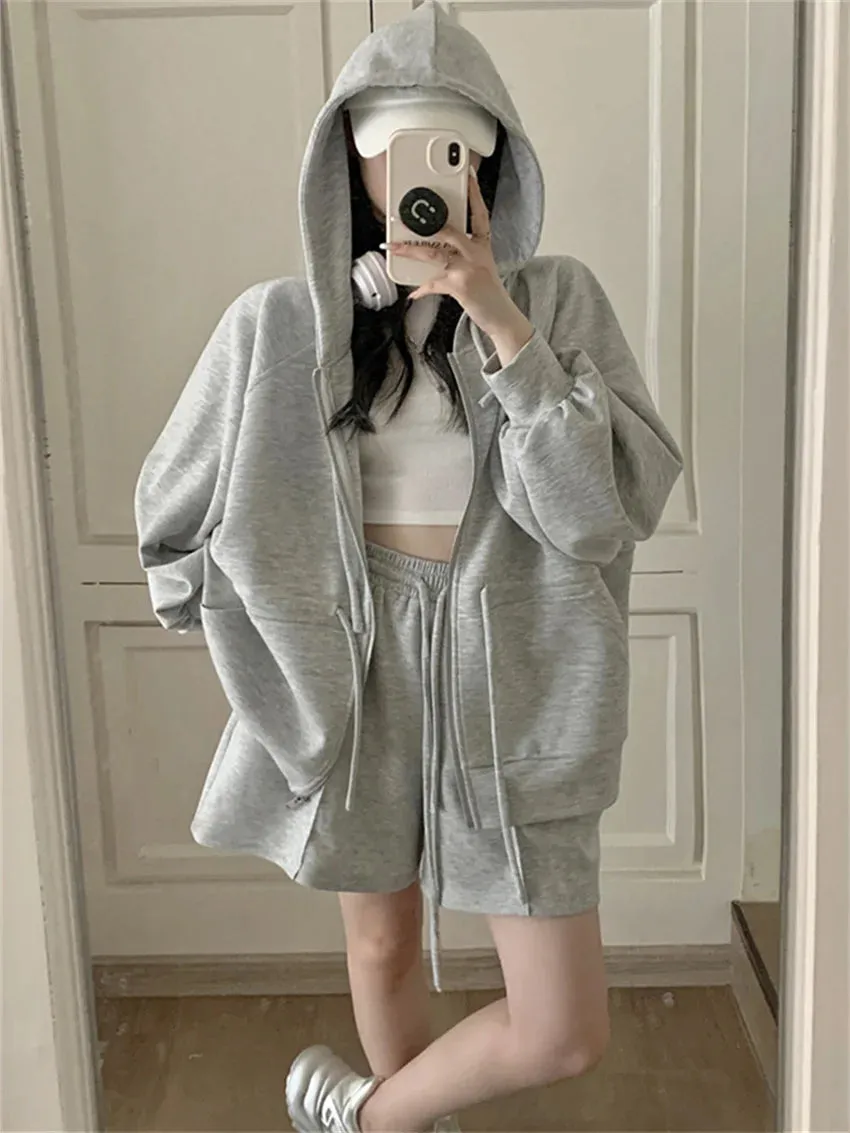 Girlary Casual Sports Women Two Pieces Suits Autumn Hooded Loose Coats Daily Wide Leg Office Lady Shorts Mujer Sets
