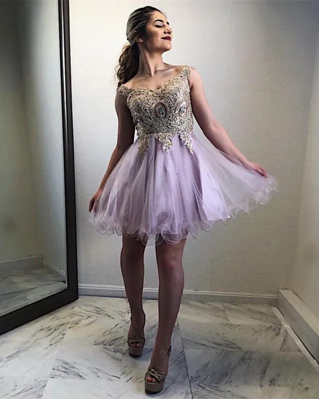 Gold Lace Embroidery Organza Ruffles Homecoming Dresses Off Shoulder