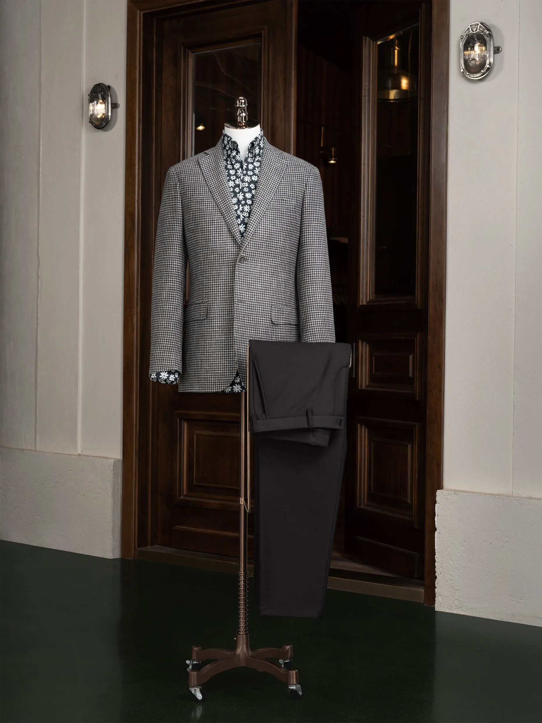 Grey Houndstooth Blazer & Black Trousers