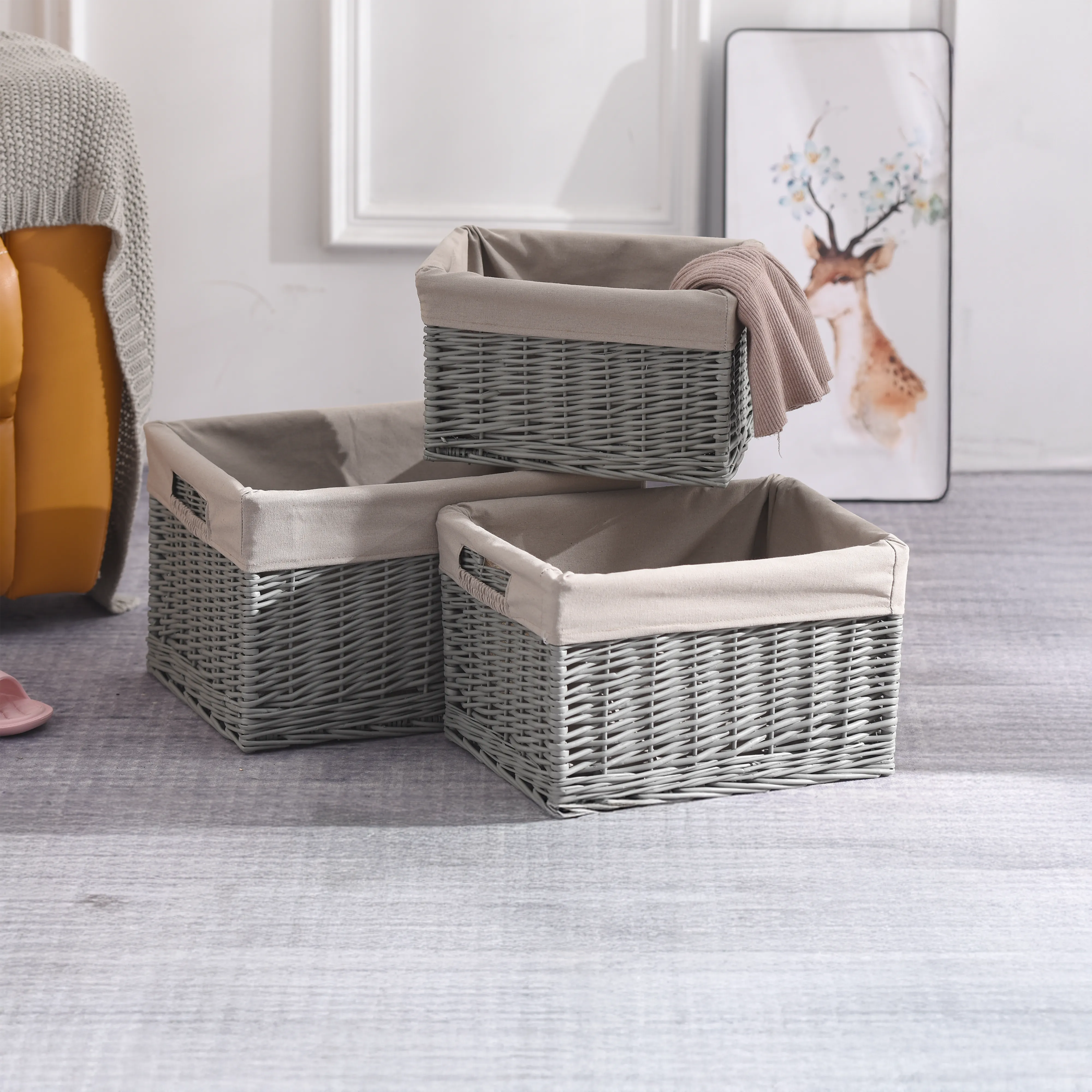Grey Wicker Storage Basket with Lining