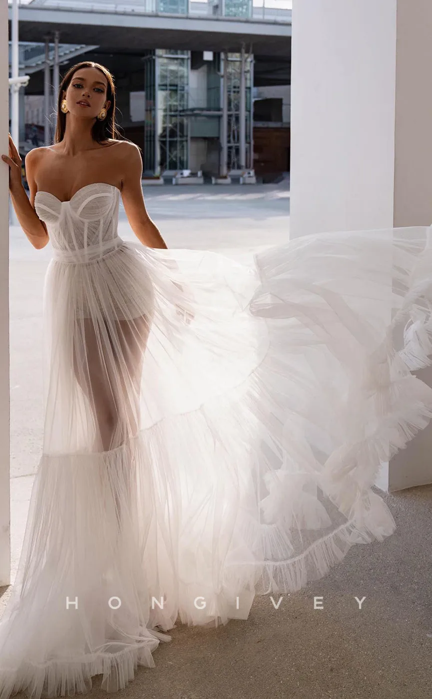 H0885 - Sexy Illusion Lace Strapless Jumpsuit Overskirt With Train Wedding Dress