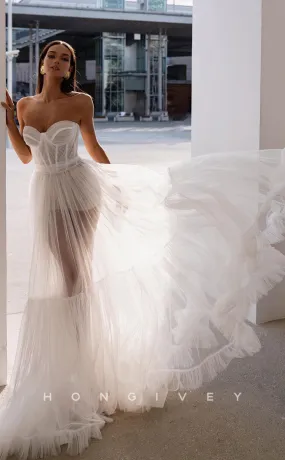 H0885 - Sexy Illusion Lace Strapless Jumpsuit Overskirt With Train Wedding Dress