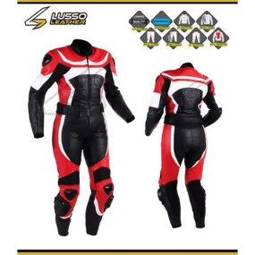 Jordi's black, red and white motorcycle leather suit
