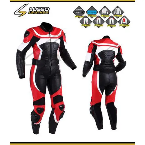 Jordi's black, red and white motorcycle leather suit