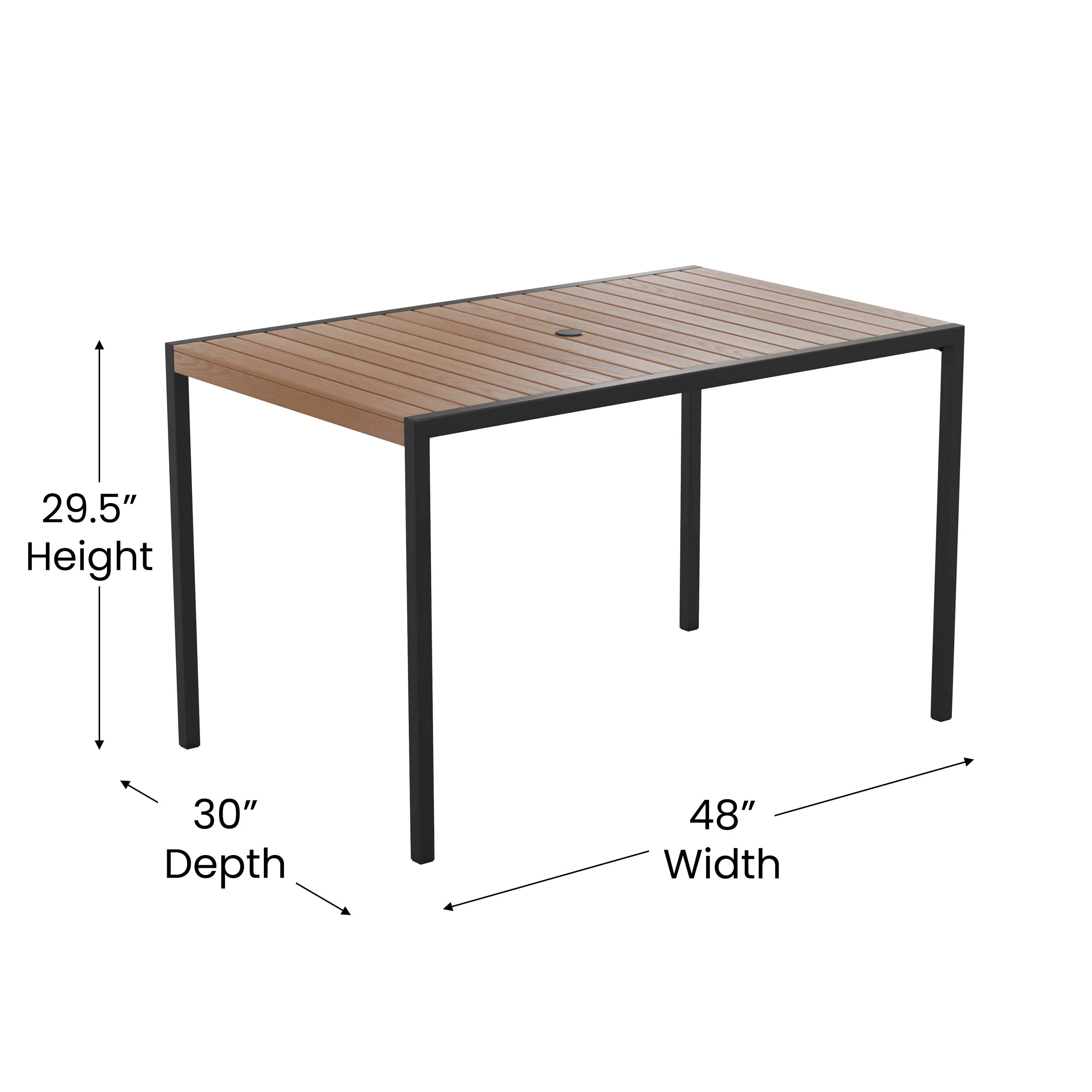 Light Brown Slat Synteak Poly Outdoor Steel Frame Restaurant Table with Umbrella Hole