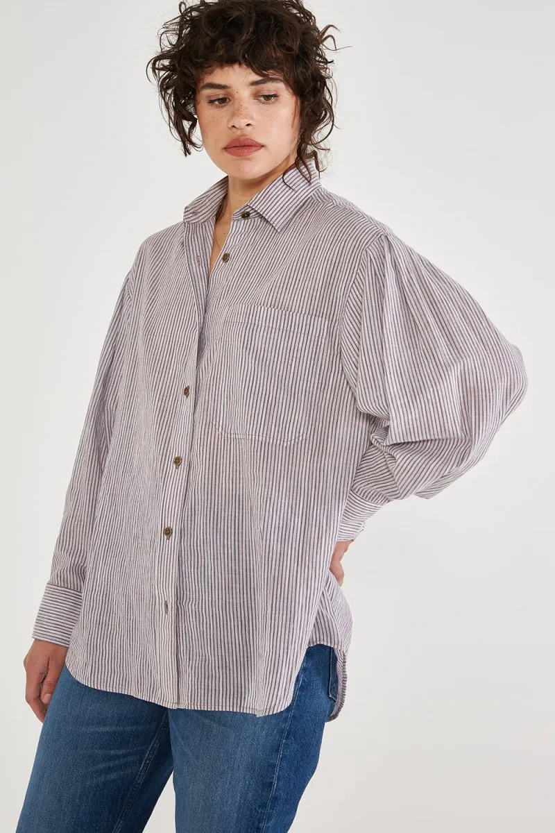 Mallory Pleat Sleeve Shirt in Wood Stripe
