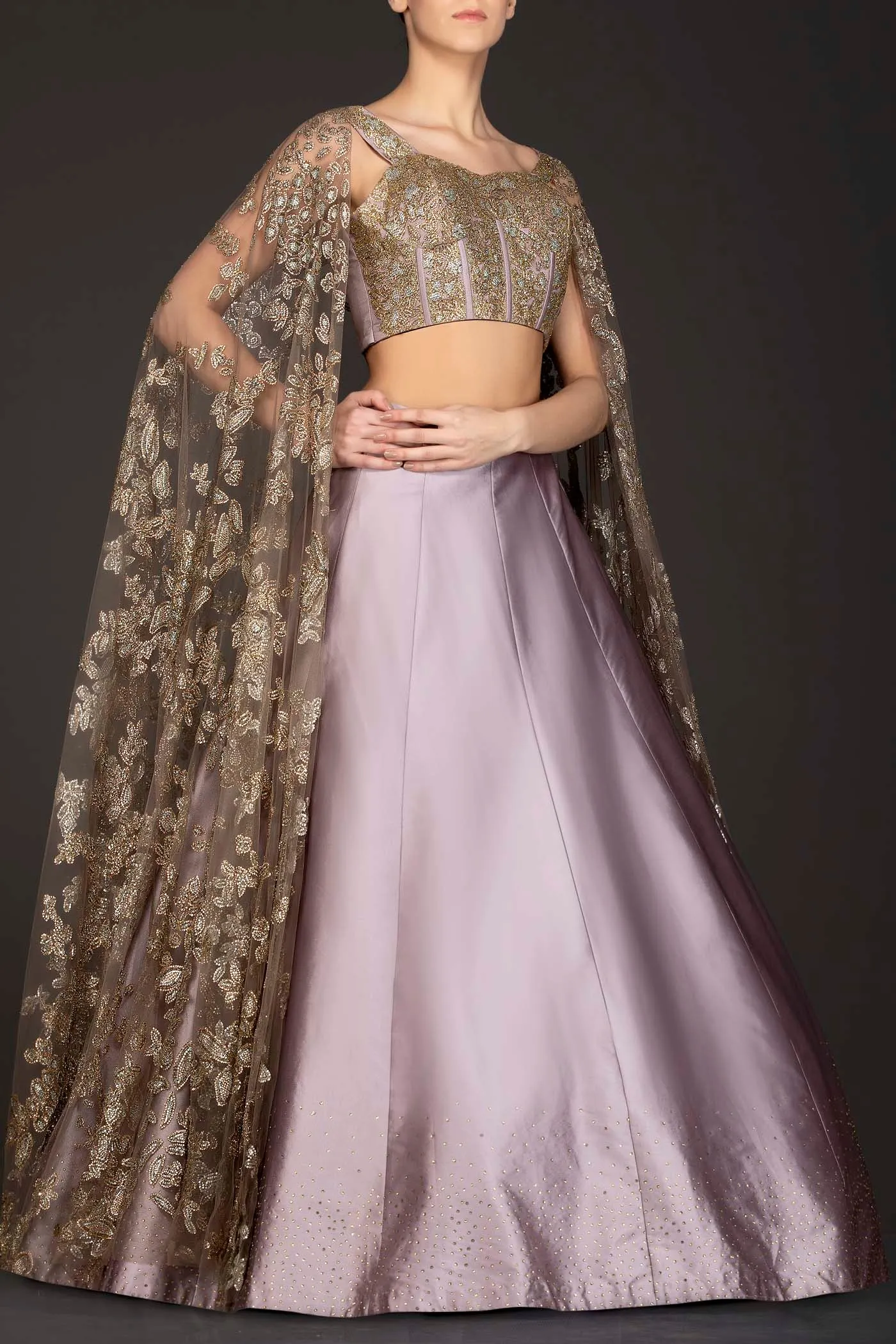 Mauve Colour Silk Skirt With Heavily Embriodered Net Top And Attached Net Cape