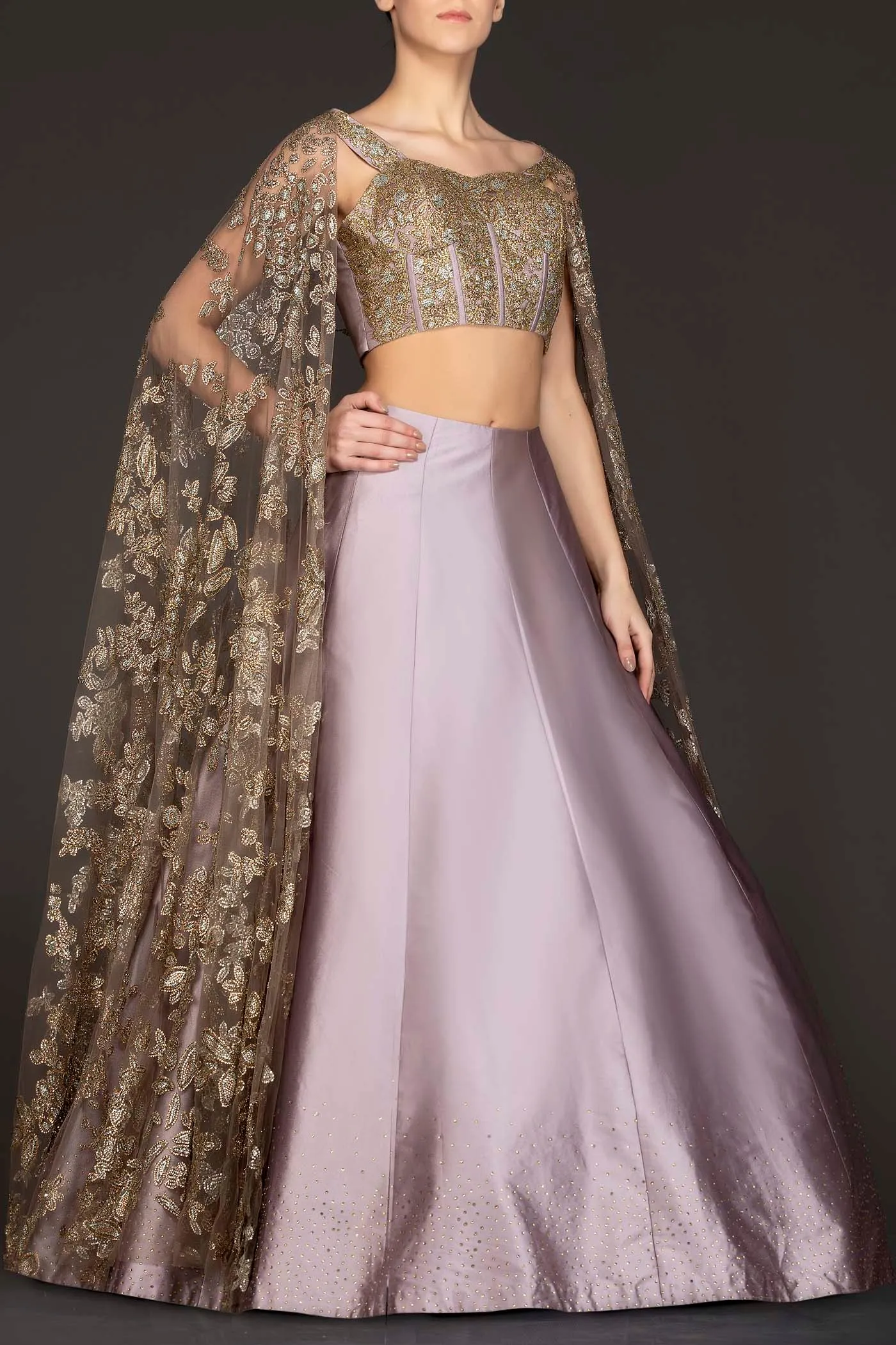 Mauve Colour Silk Skirt With Heavily Embriodered Net Top And Attached Net Cape