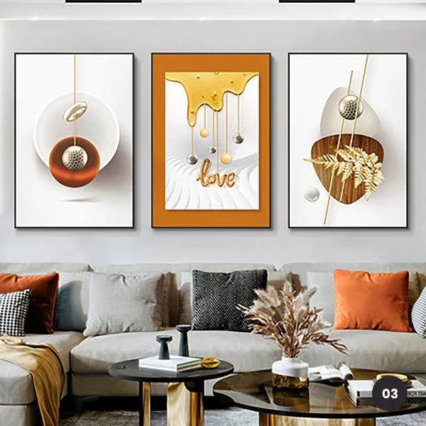 Modern Aesthetics Abstract Triptych Golden Leaf Wall Art Fine Art Canvas Prints Pictures For Living Room Dining Room Home Office Interiors Set of 3