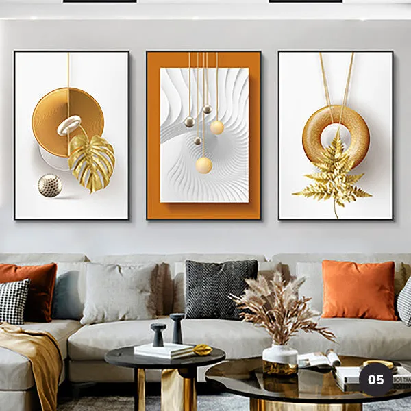 Modern Aesthetics Abstract Triptych Golden Leaf Wall Art Fine Art Canvas Prints Pictures For Living Room Dining Room Home Office Interiors Set of 3