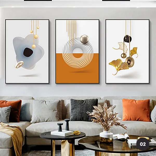 Modern Aesthetics Abstract Triptych Golden Leaf Wall Art Fine Art Canvas Prints Pictures For Living Room Dining Room Home Office Interiors Set of 3