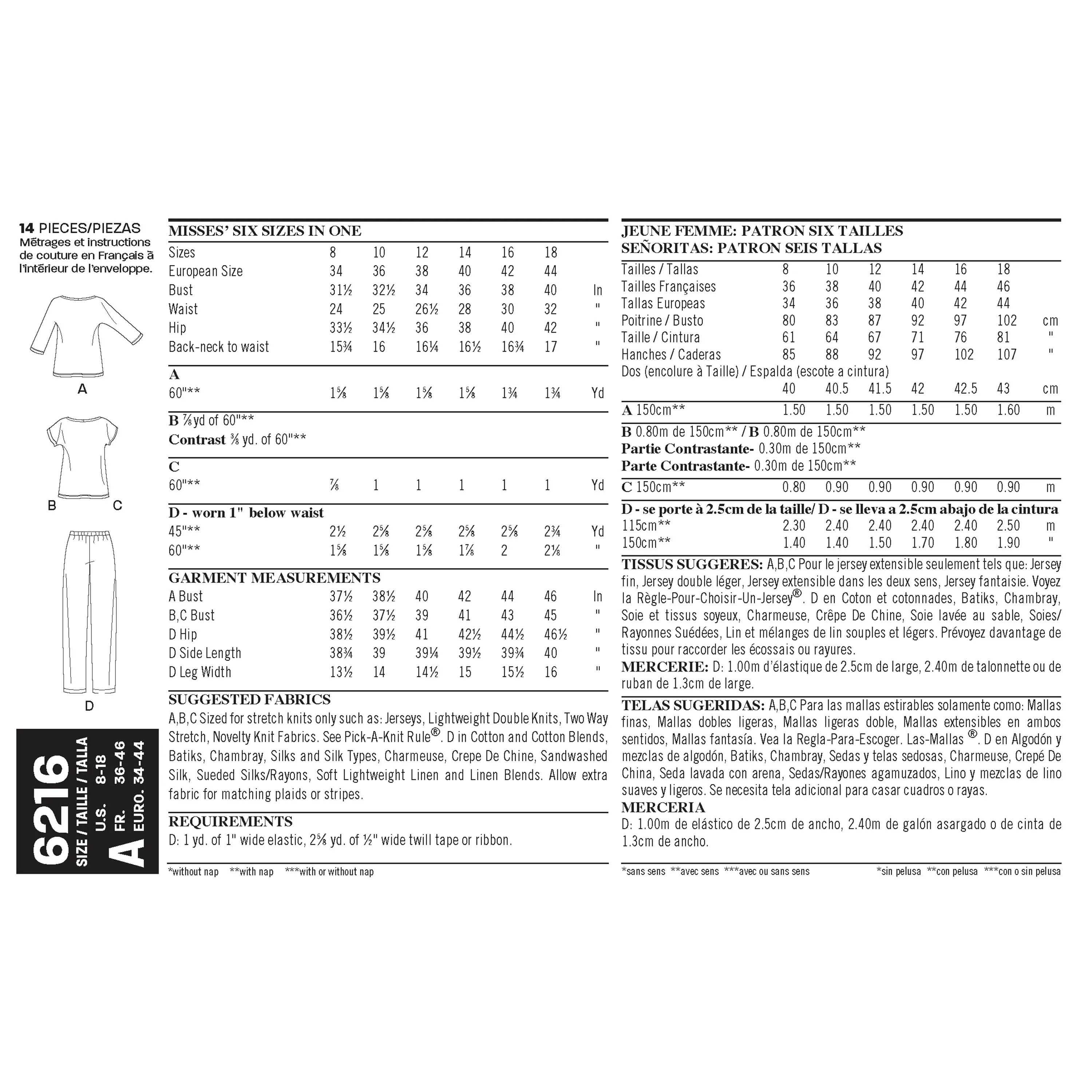 New Look Sewing Pattern 6216 - Misses' Knit Tops and Pants